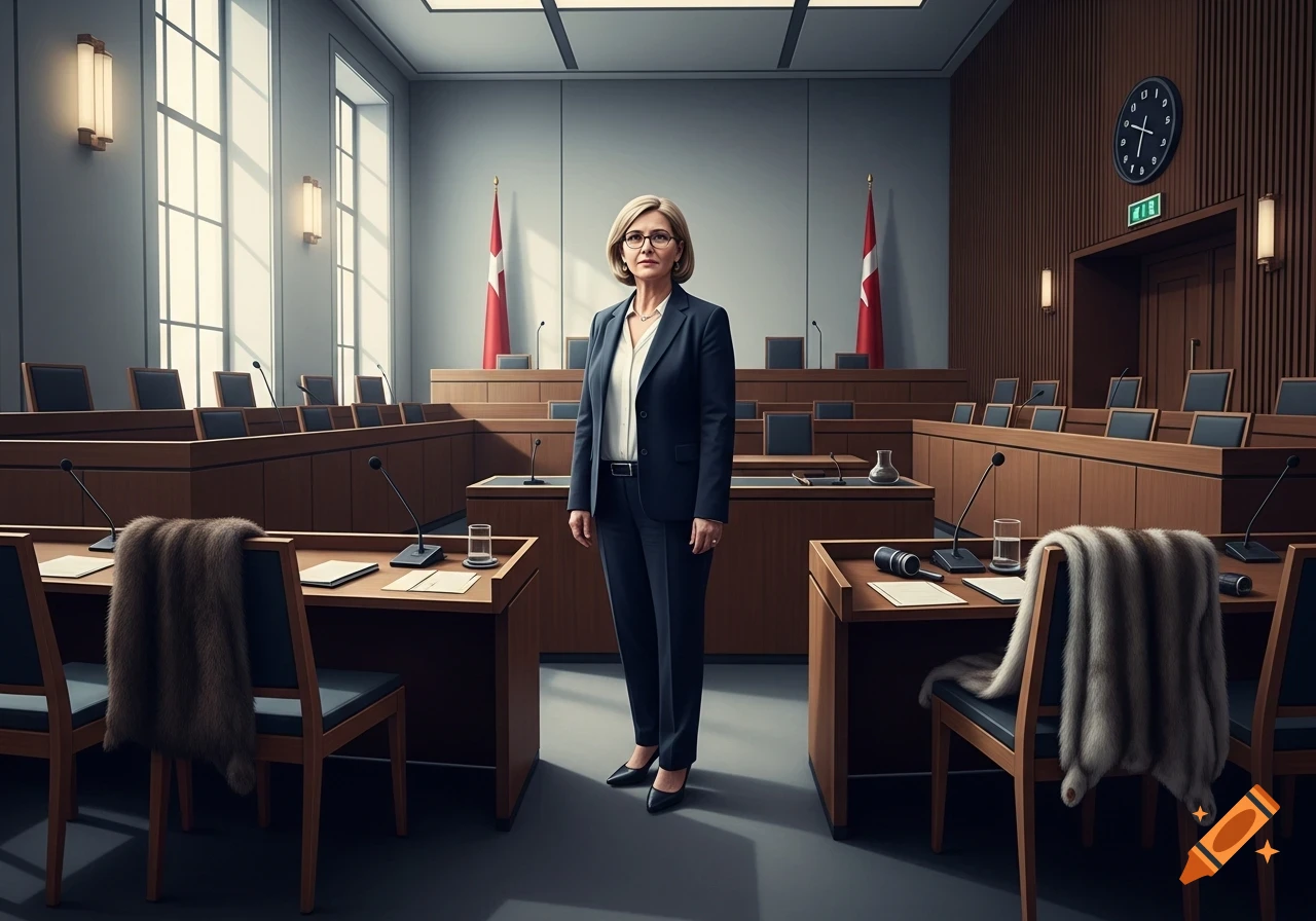 A woman in a business suit stands confidently in a formal courtroom with flags and wooden desks.