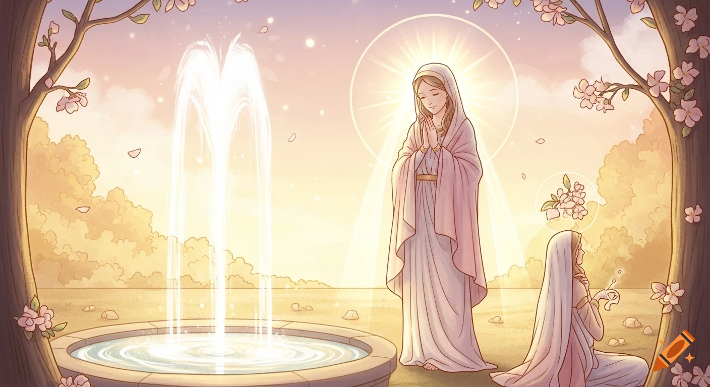 A serene, painterly illustration of a woman praying near a glowing fountain, with another woman kneeling under flowering trees, in soft pastel and golden tones.
