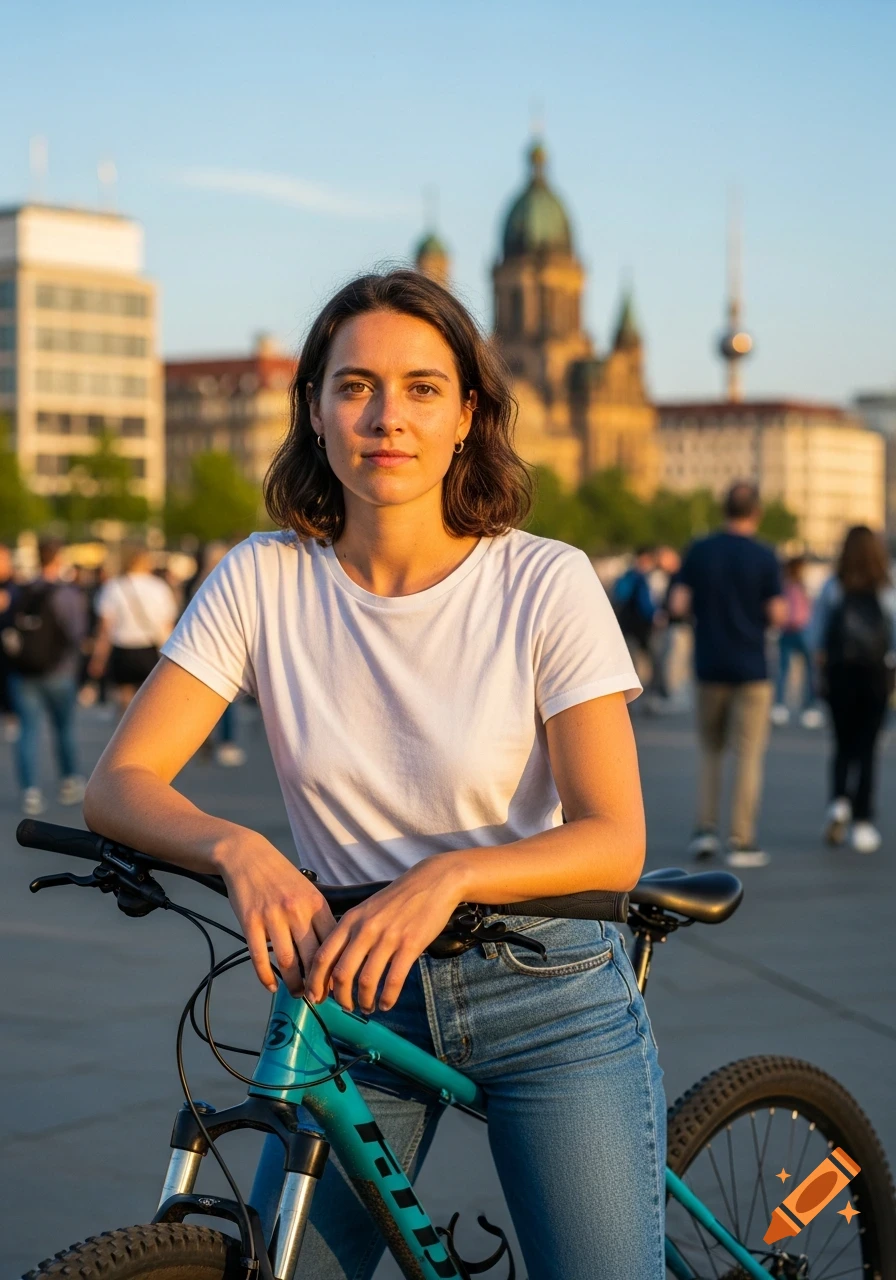 A woman in a white t-shirt and jeans leans on a turquoise mountain bike in a sunny urban square with a large domed building and a TV tower in the background.