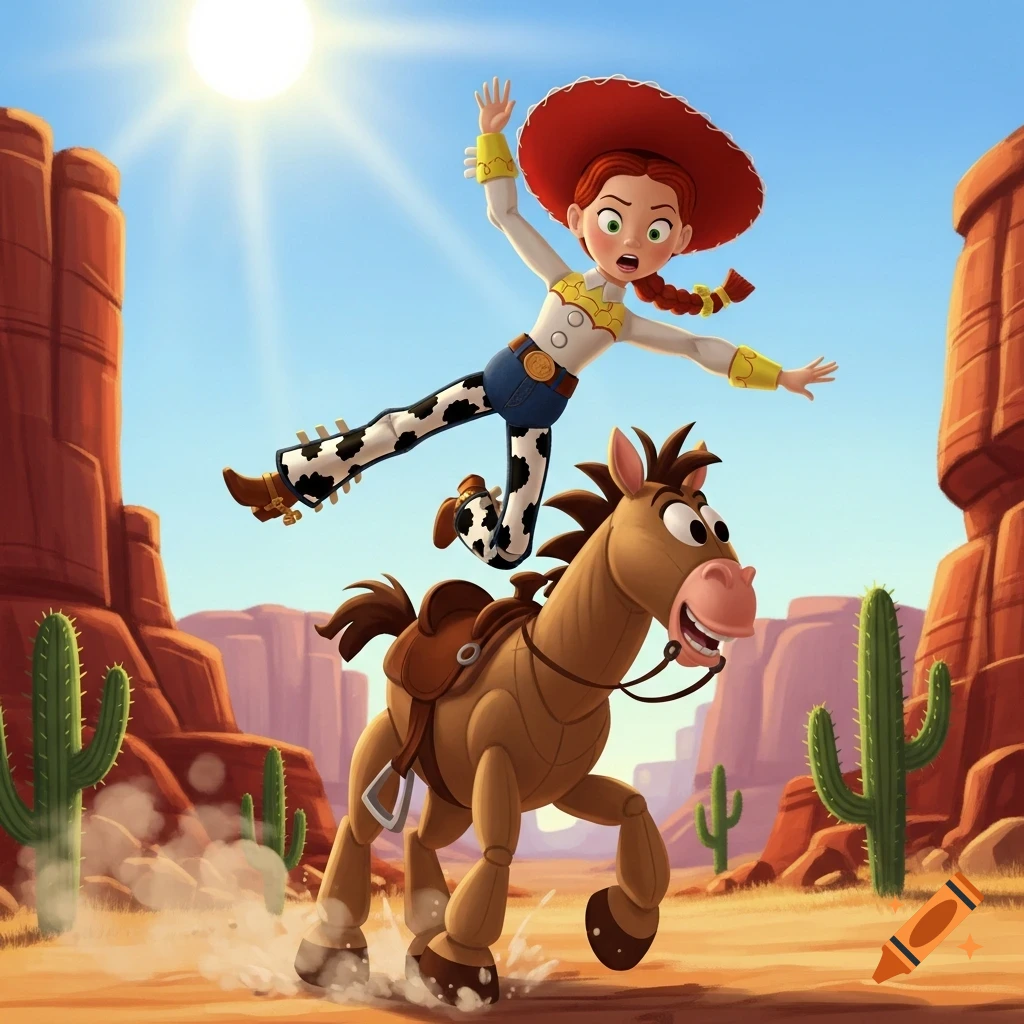 Jessie the cowgirl from Toy Story flies off Bullseye the horse in a stylized desert canyon under a bright sun.