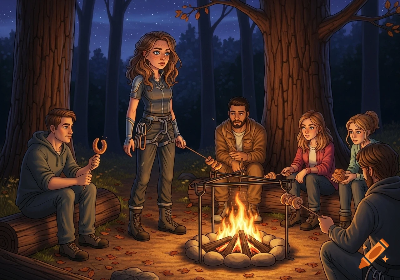 A stylized illustration of five people and a woman in climbing gear gathered around a campfire at night, roasting food on sticks in a forest.