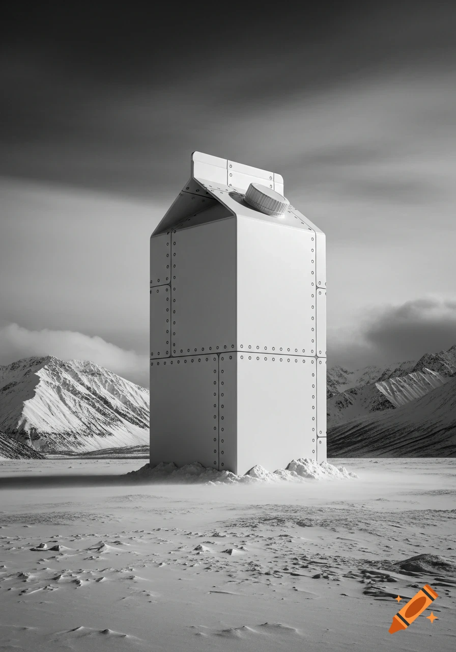 A massive, riveted milk carton stands in a stark, snow-covered Alaskan landscape with mountains, rendered in black and white.