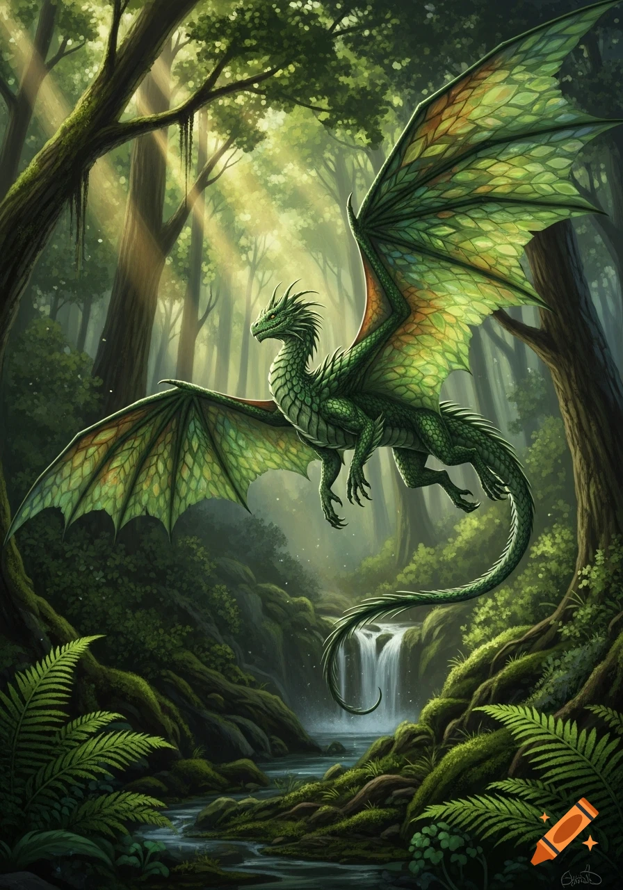 A majestic green forest dragon with leaf-like wings soars through a ...