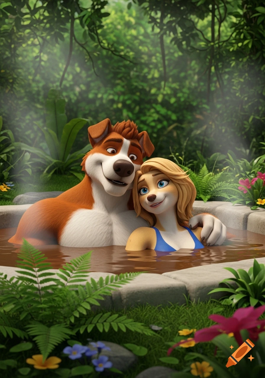 Anthropomorphic dog couple relaxing in a hot tub amidst lush jungle foliage in a 3D animated style.