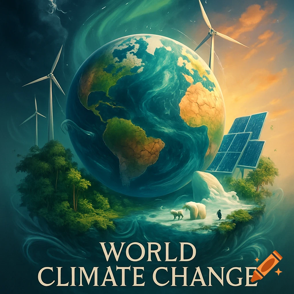 Digital art poster showing a large Earth with windmills, solar panels, a polar bear, and text 'WORLD CLIMATE CHANGE'.