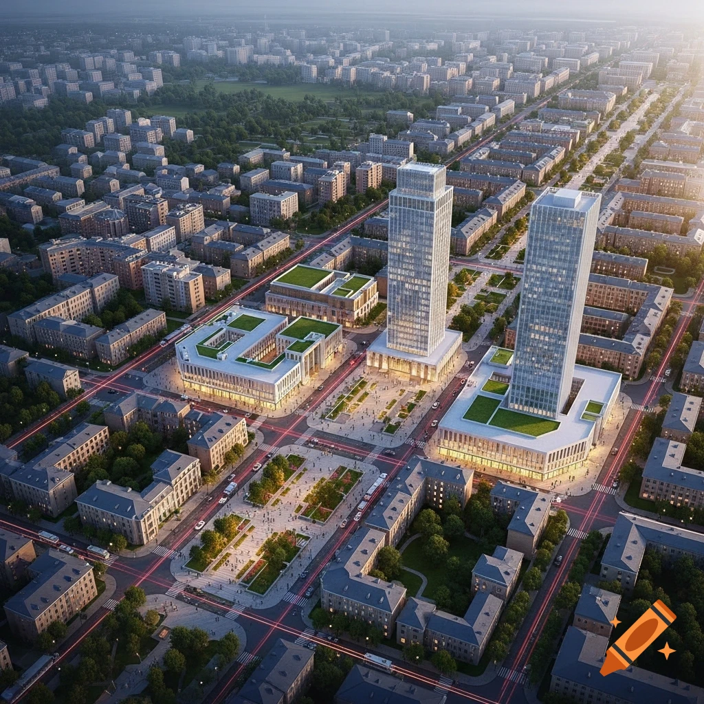 Aerial view of a symmetrical, modern city with towering skyscrapers, lush parks, and illuminated streets at dusk.