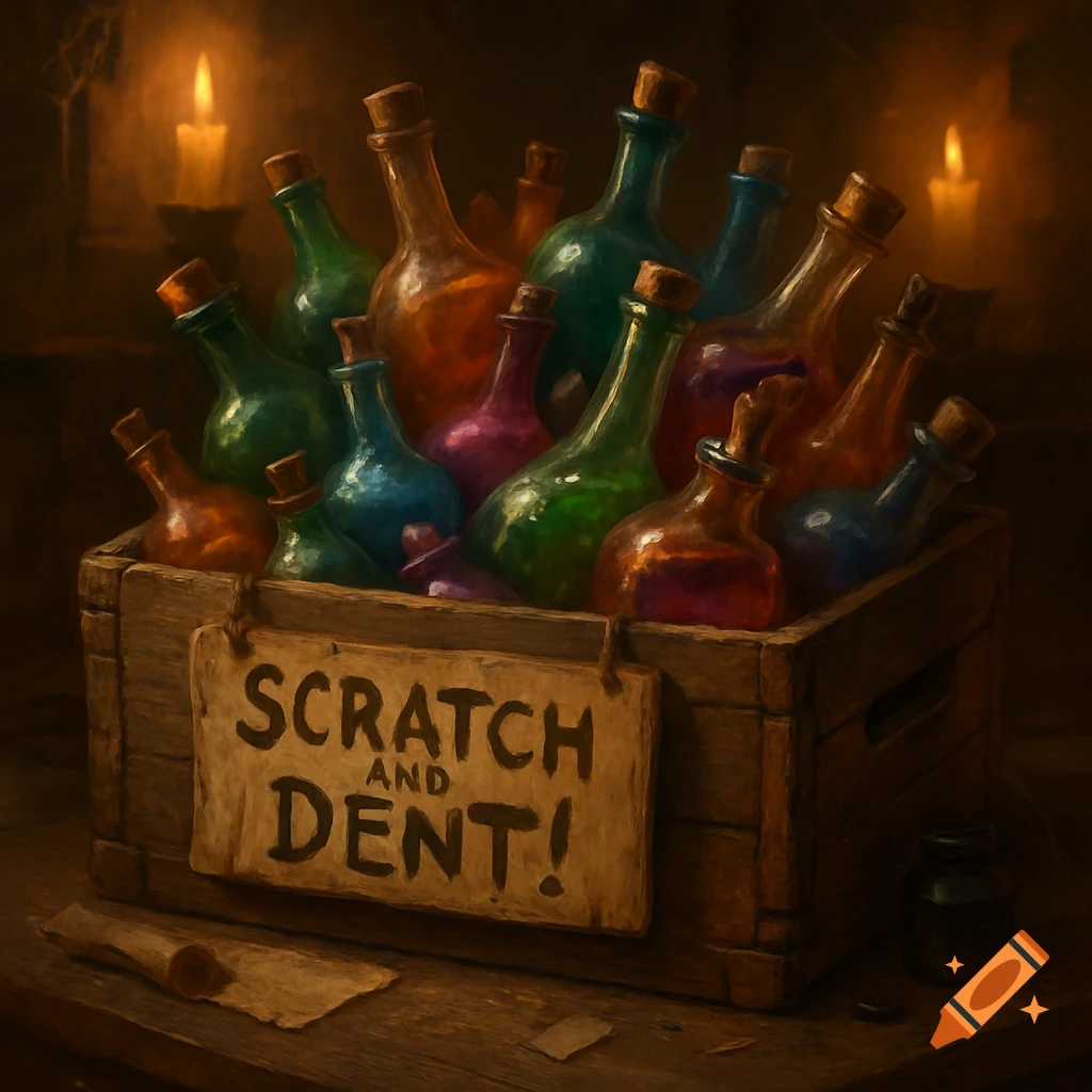 A wooden box filled with colorful potion bottles, labeled 'SCRATCH AND DENT!'. Warm candlelight illuminates the magical, rustic scene.