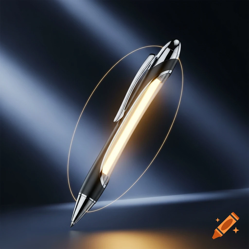 A sleek black and silver pen glows yellow from within, encircled by a golden light, on a dark reflective surface.