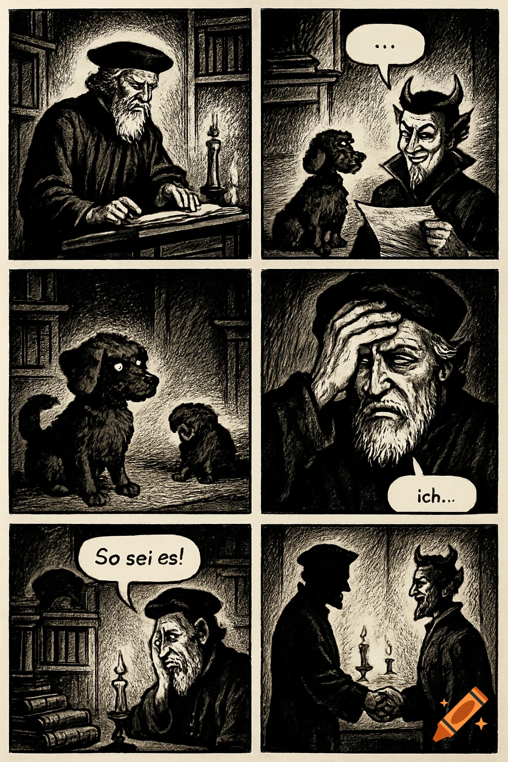 Six-panel high-contrast ink comic depicting an old man (Faust) in his study, signing a contract with a grinning devil, a poodle transforming nearby.