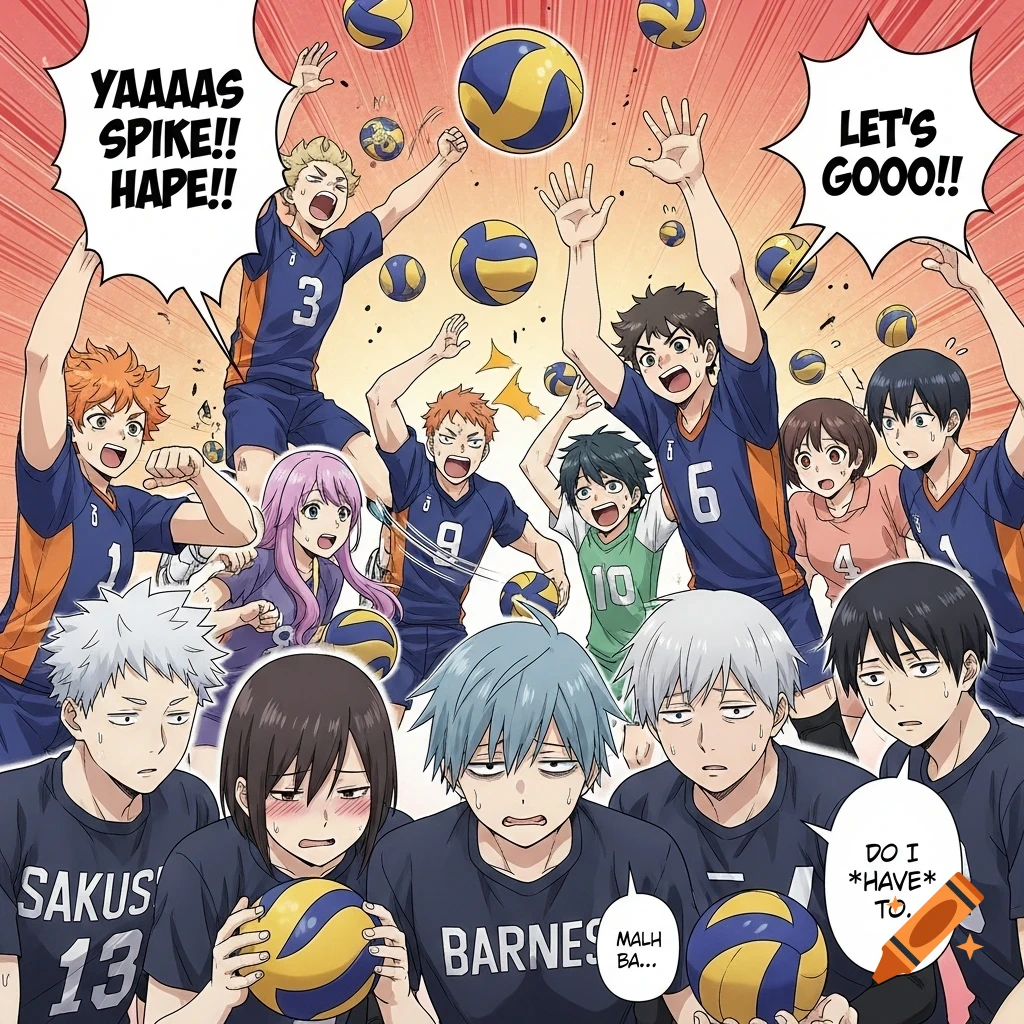 An anime-style group of volleyball players, some extremely energetic and others looking deadpan or exhausted, with speech bubbles showing mixed reactions during a chaotic game.