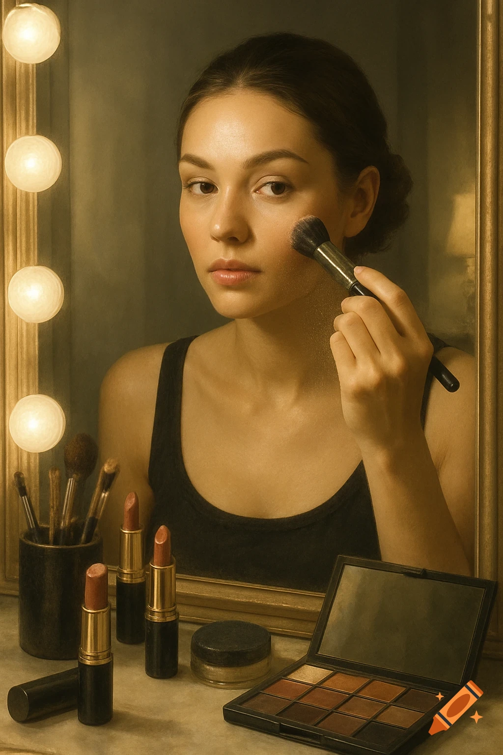 A woman in a black tank top applies blush with a brush, looking into a mirror framed by vanity lights. Makeup products on counter.