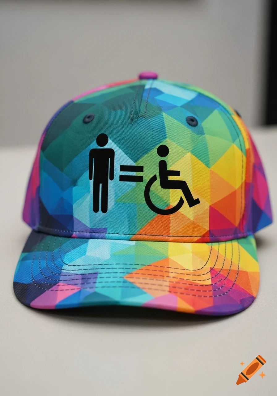 A vibrant geometric multi-colored baseball cap with black symbols: a standing person, an equals sign, and a person in a wheelchair.