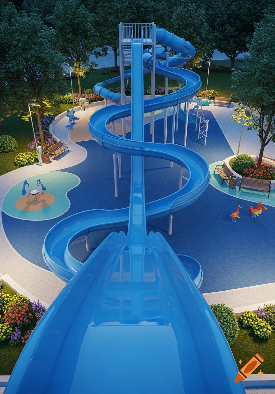 Aerial view of a modern playground with a large blue spiraling water slide, smaller play equipment, and benches surrounded by green trees.