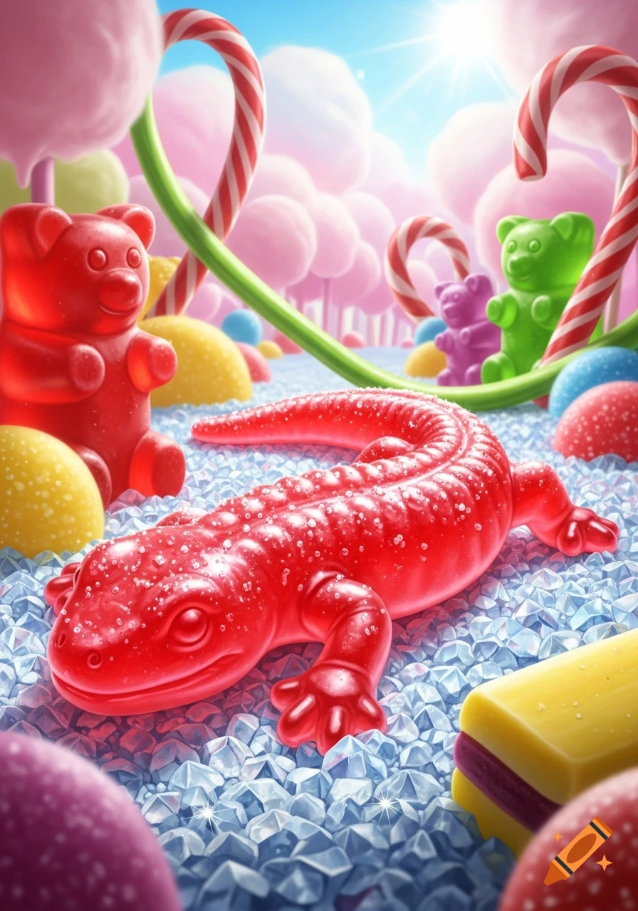 A red gummy lizard lies on sparkling blue sugar crystals in a vibrant candy landscape with gummy bears, candy canes, and pink cotton candy trees.