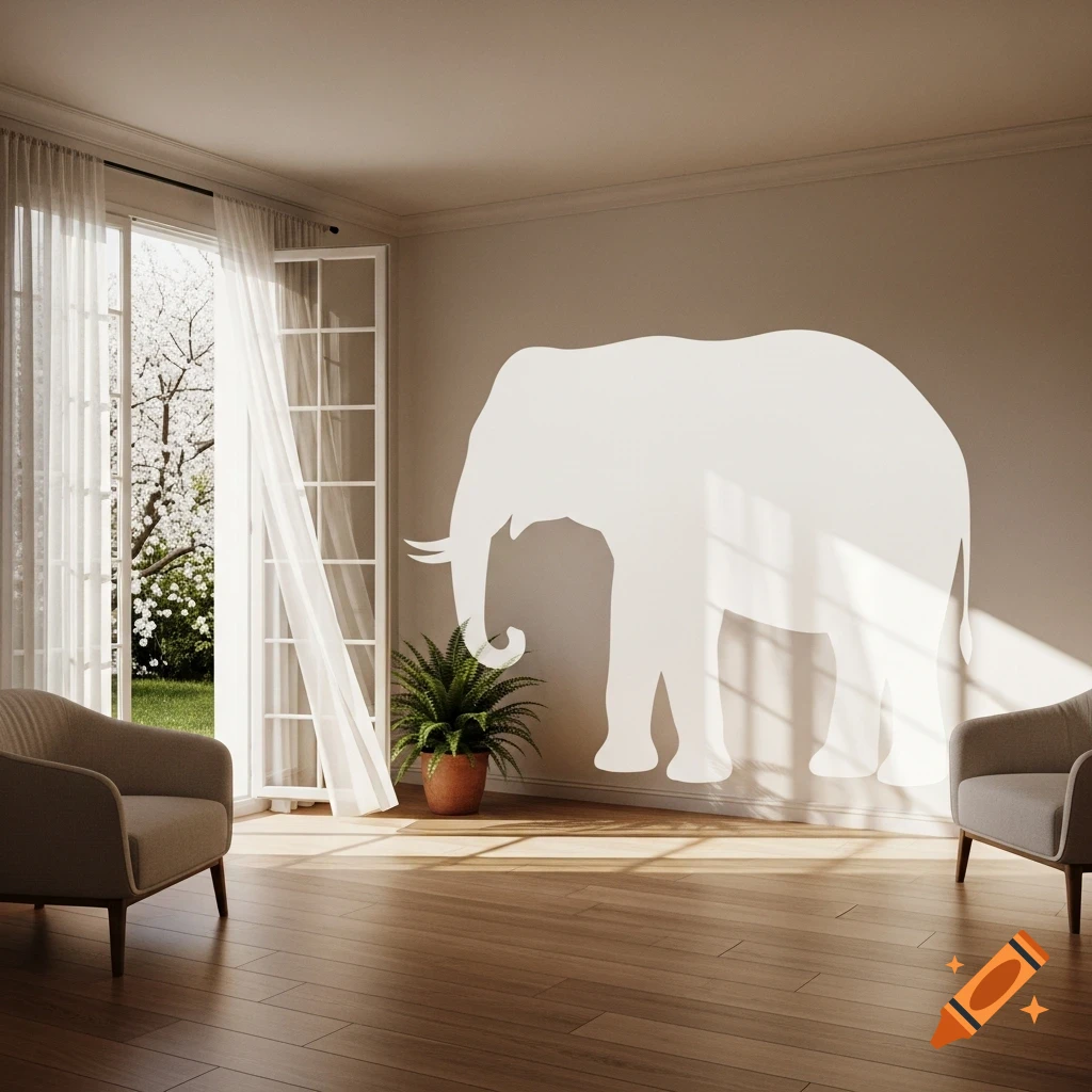 A light-filled room features a large white elephant silhouette on a beige wall, with armchairs, a plant, and a window looking out to a blossoming tree.