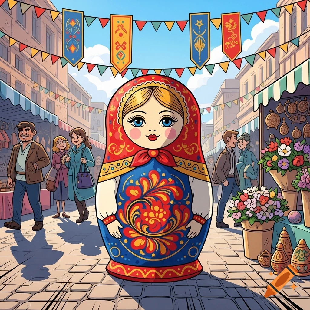 A large, colorful matryoshka doll stands prominently in a vibrant comic-style street market with people, stalls, and festive banners.