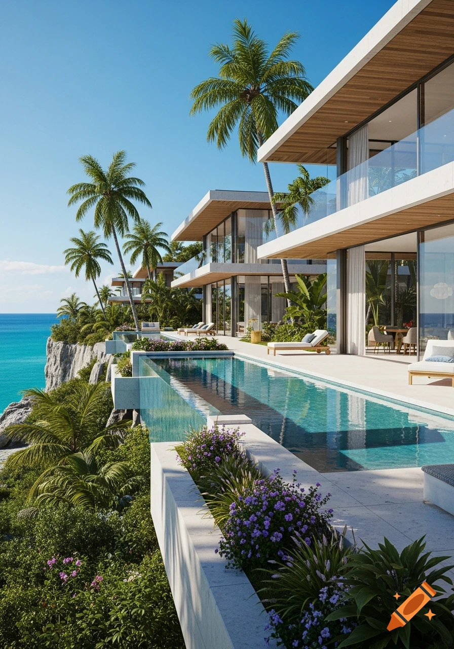 Photorealistic modern luxury villa with an infinity pool on a cliff ...