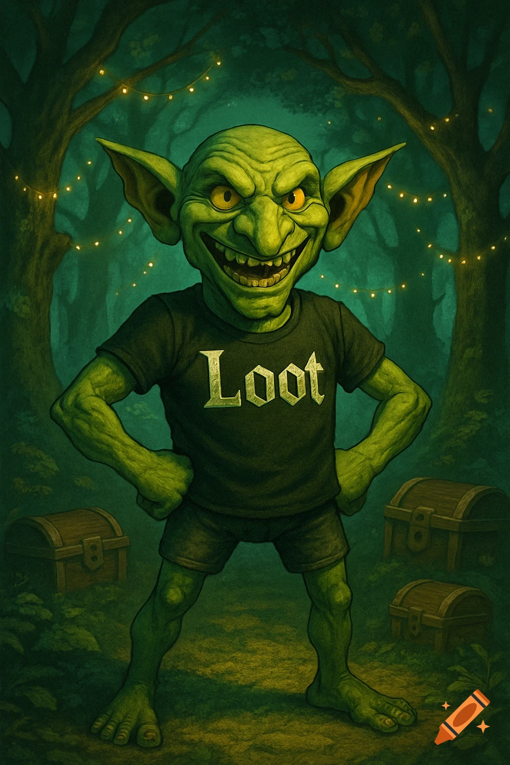 A grinning green goblin in a black 'Loot' t-shirt and shorts stands in a dark fantasy forest with treasure chests and string lights, illustration.