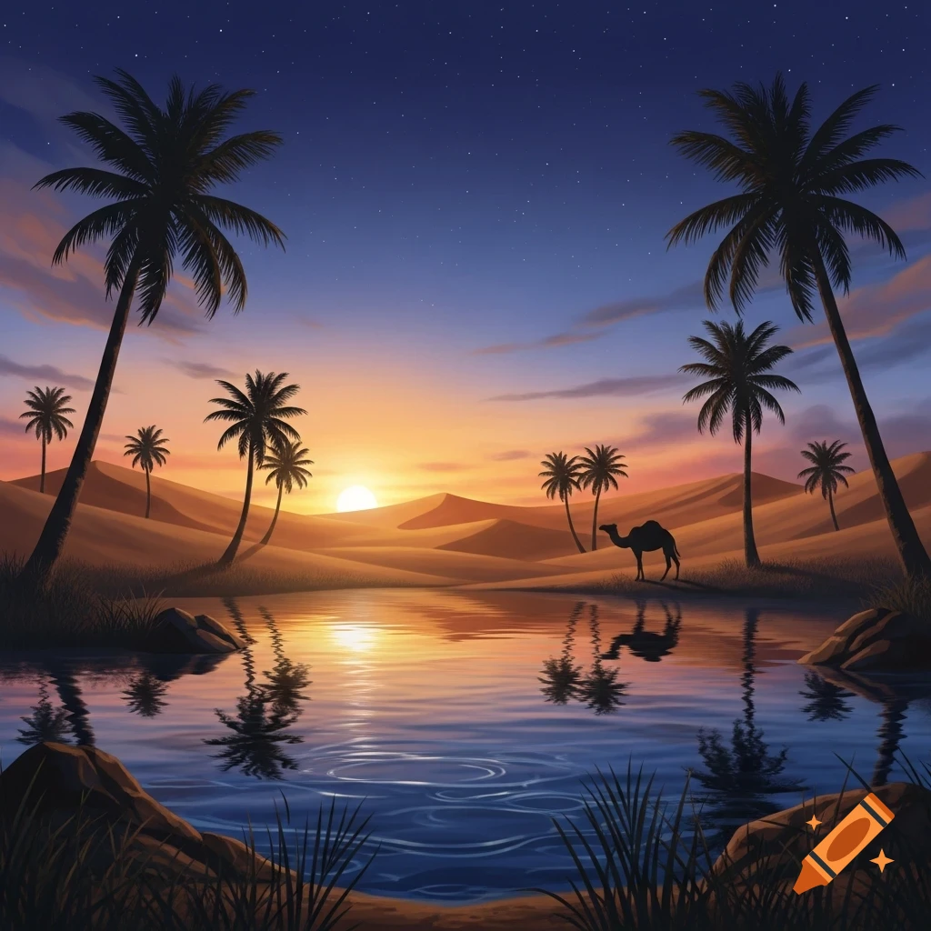 Vibrant desert oasis at sunset with palm trees, sand dunes, a camel silhouette by a reflective pool, and a starry sky.