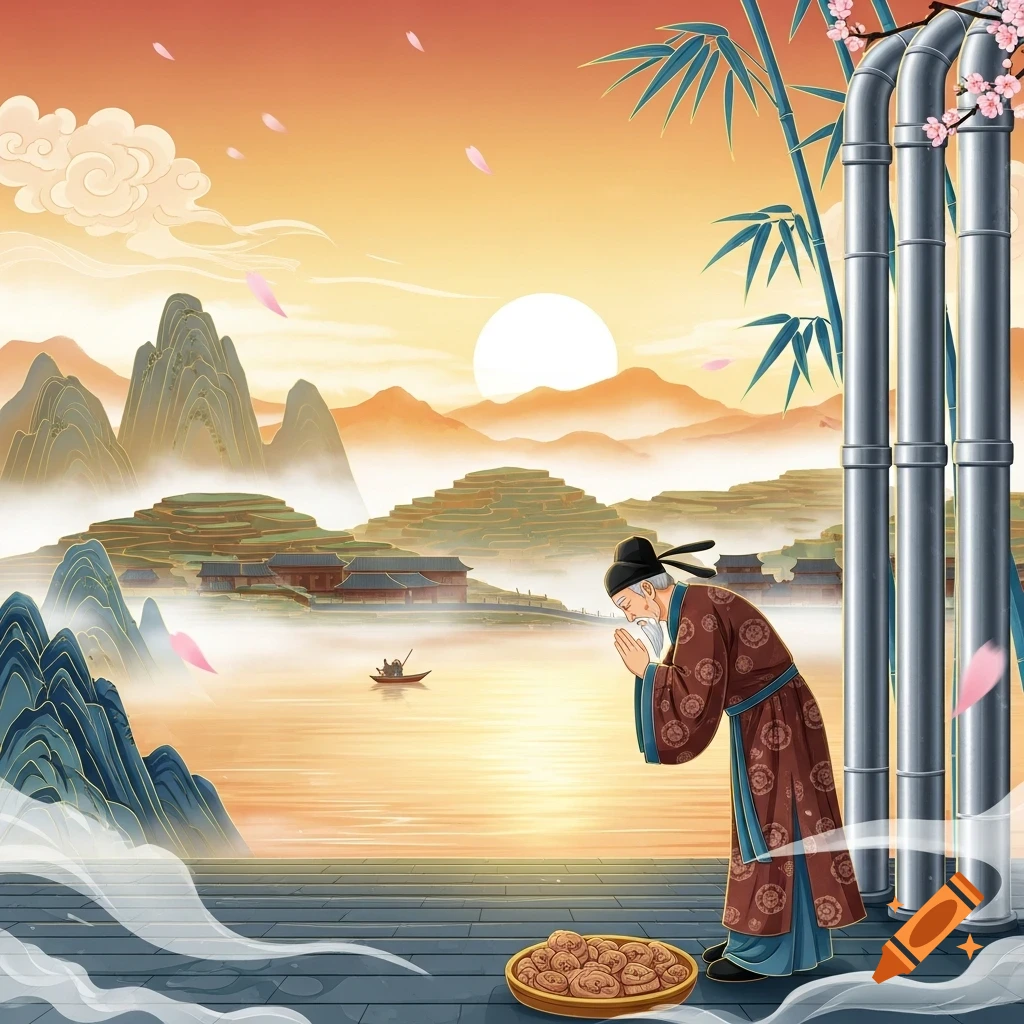 An old man in traditional Chinese attire bows to a sunset mountain and water landscape, with pipes, bamboo, and a bowl of cookies.