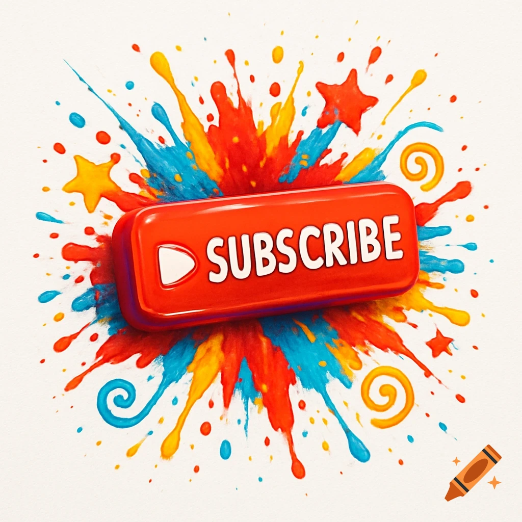 A vibrant red 3D subscribe button with a play icon, surrounded by a dynamic explosion of red, blue, and yellow paint splashes and stars on a white background.