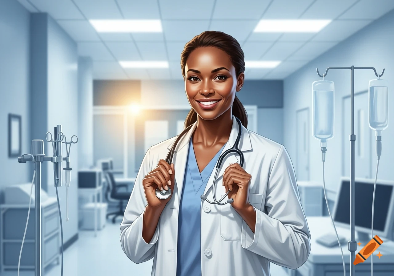A smiling Black female doctor in a white lab coat holds a stethoscope in a bright hospital hallway.