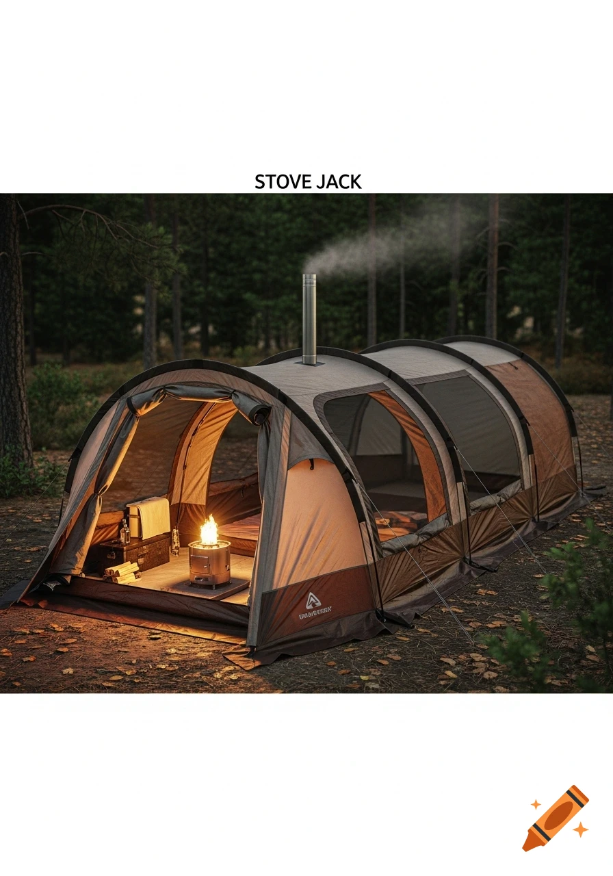 A long brown and grey tunnel tent with a smoking stove pipe on its roof, glowing from inside, set in a forest at dusk.