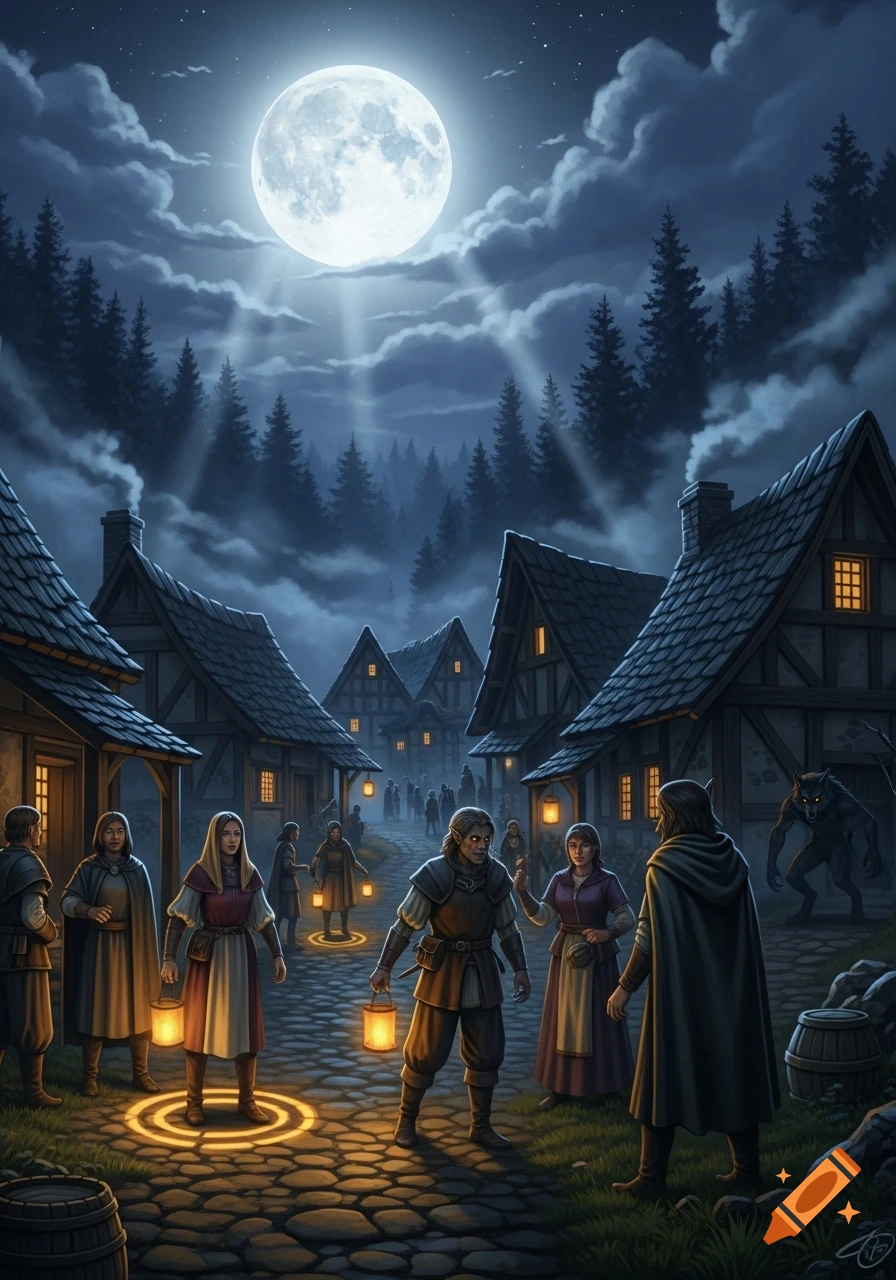 A fantasy village scene at night with a full moon. Villagers hold lanterns and stand on glowing circles while a werewolf lurks in the background.