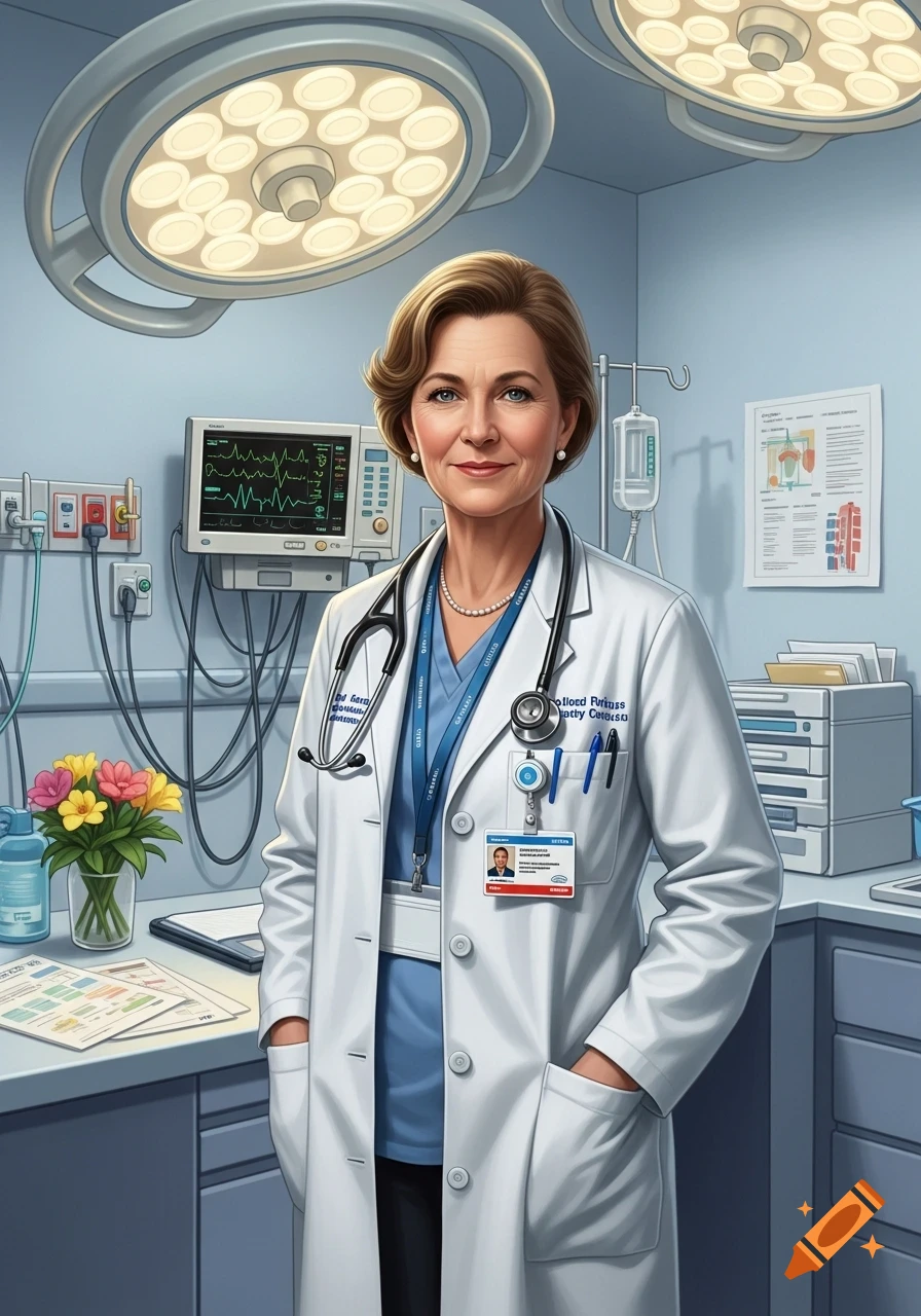 A smiling female doctor in a white lab coat and blue scrubs stands in a sterile medical room with equipment, including a heart monitor and surgical lights.
