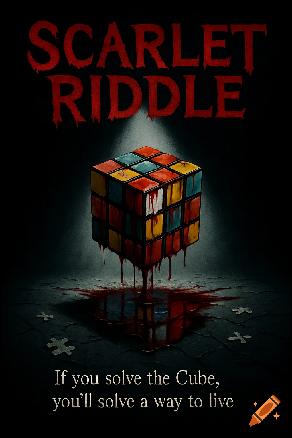 A horror movie poster with a blood-dripping Rubik's Cube under a spotlight, and the title 'SCARLET RIDDLE'.