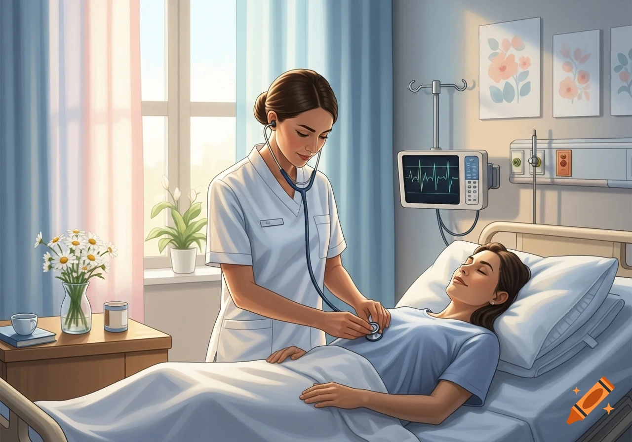 A nurse uses a stethoscope to listen to a patient's heart in a bright hospital room, with a heart monitor visible.
