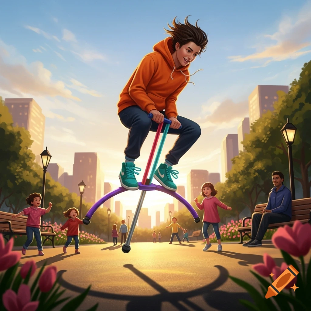 A stylized young man on a pogo stick leaps in a sunny park with other children playing and an adult on a bench.
