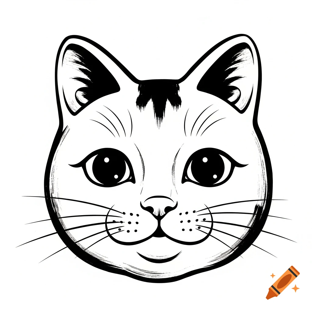 Black ink illustration of a Japanese maneki-neko style cat face with large eyes and whiskers on a white background.