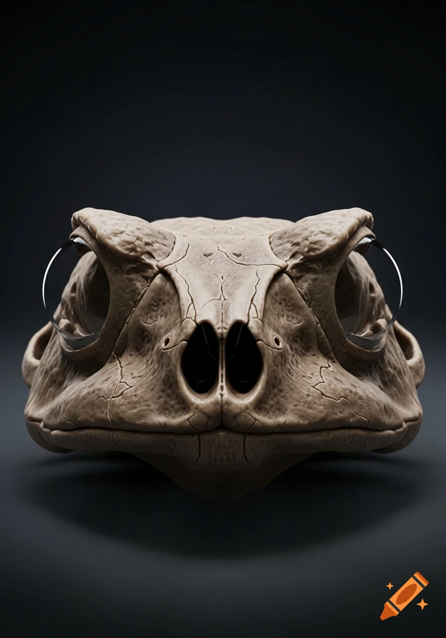 A detailed front view of a toad skull with reflective surfaces in the eye sockets on a dark background.