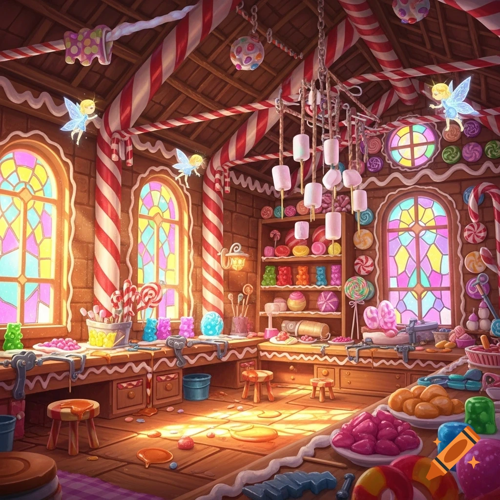 A vibrant, whimsical gingerbread workshop filled with colorful candies, lollipops, gummy bears, stained-glass windows, and small fairies flying around.