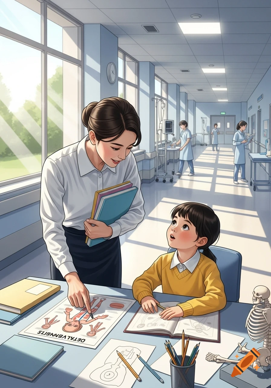 An anime-style illustration shows a teacher pointing to an anatomy chart for a young student at a desk in a sunny hospital hallway, with other medical staff in the background.