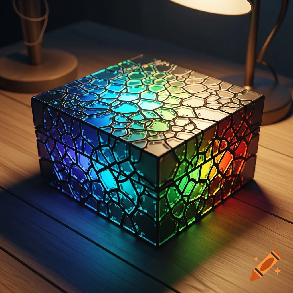 A vibrant, glowing cube with a mosaic-like surface of colorful glass shards, casting multi-colored light onto a wooden table.