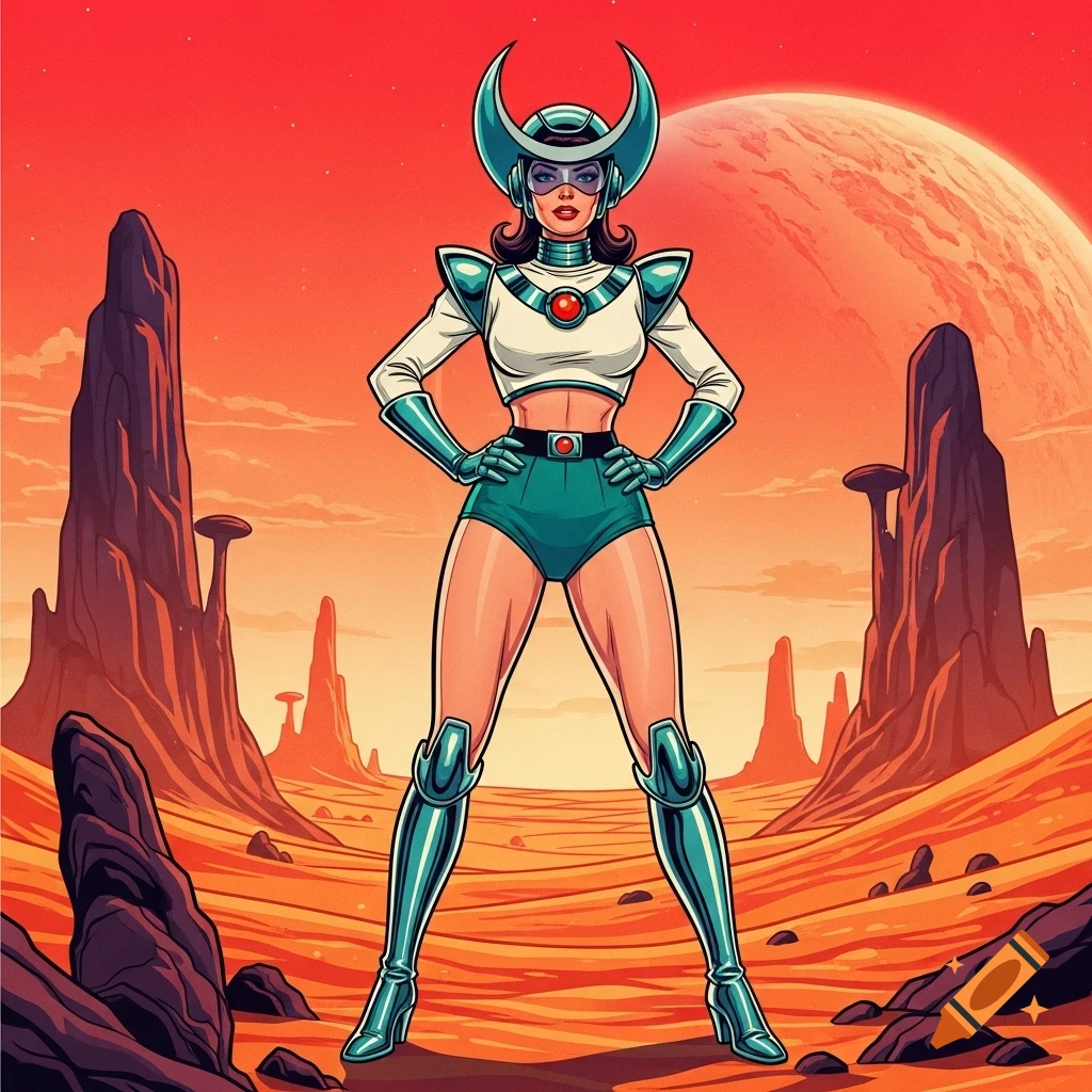 A retro-futuristic warrior woman with a crescent helmet stands confidently in a vibrant orange alien desert with a large planet in the sky, in pulp art style.