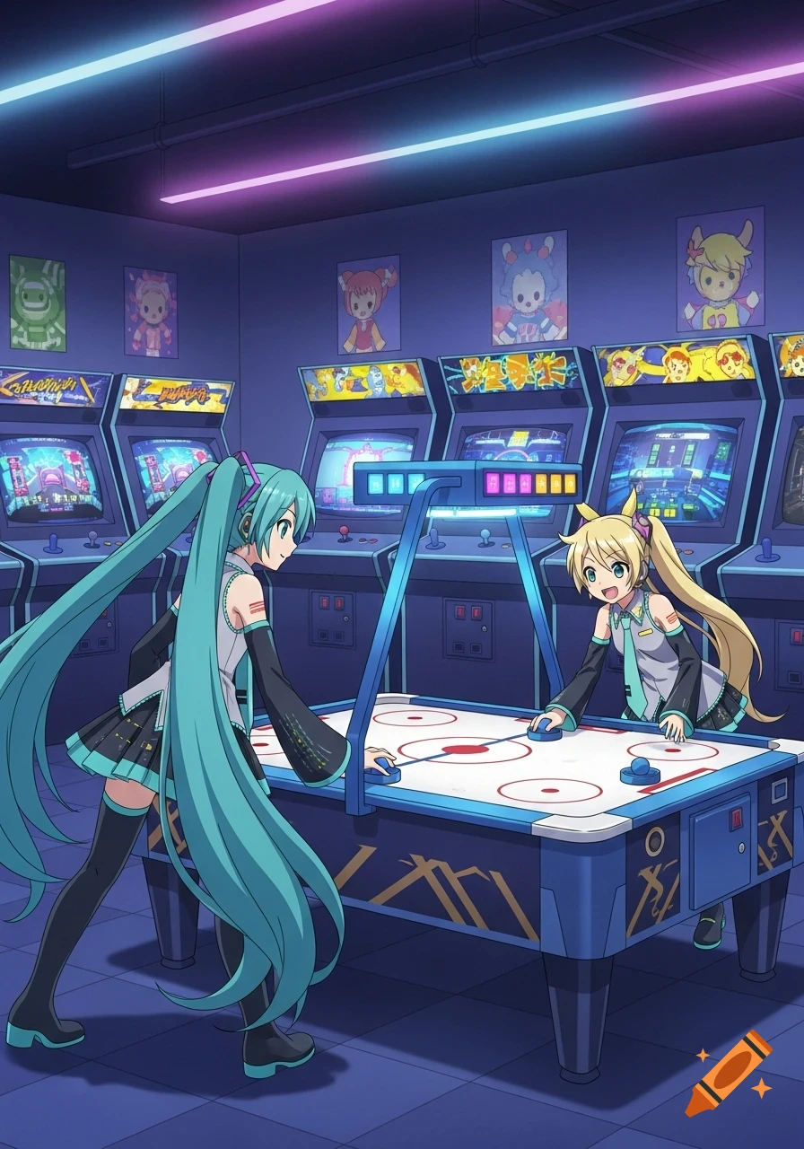 Hatsune Miku and Kagamine Rin playing air hockey in a neon-lit arcade, in an anime style.