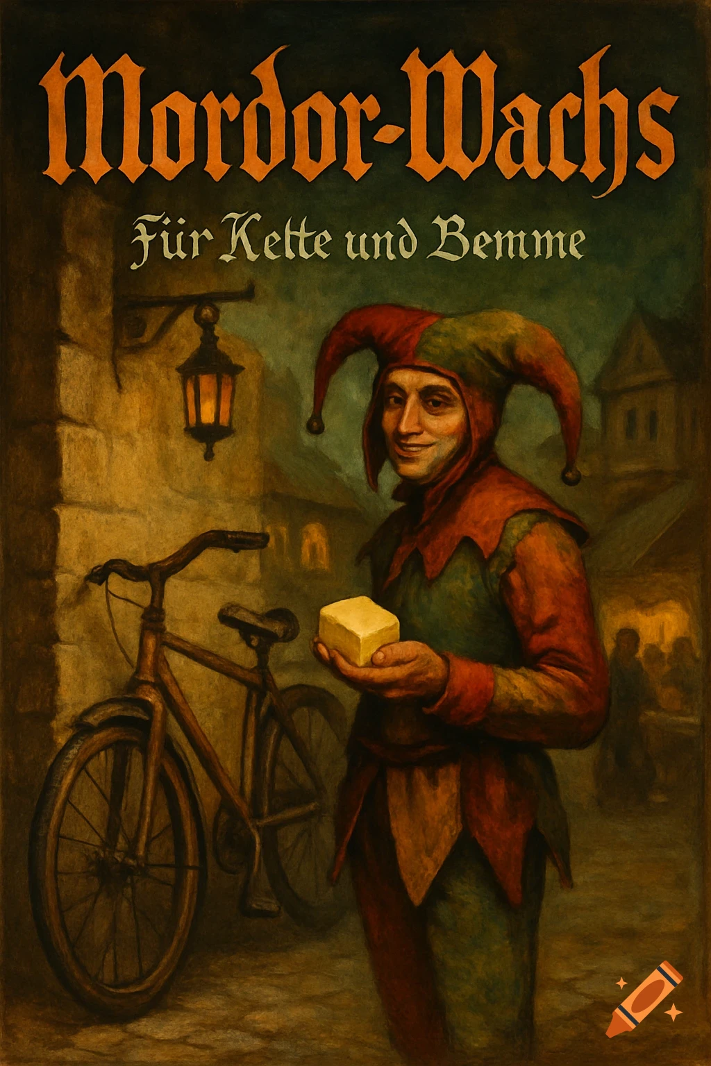 A jester in a red and green outfit holds a block of butter next to a bicycle under a lantern, with "Mordor-Wachs" text, in a medieval poster art style.