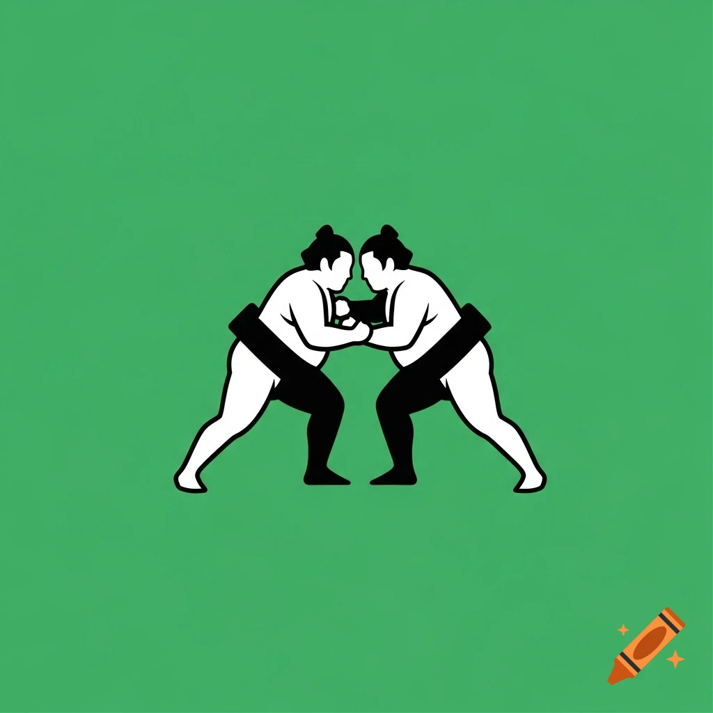 A black and white icon of two sumo wrestlers facing each other in a charging stance, on a solid green background.