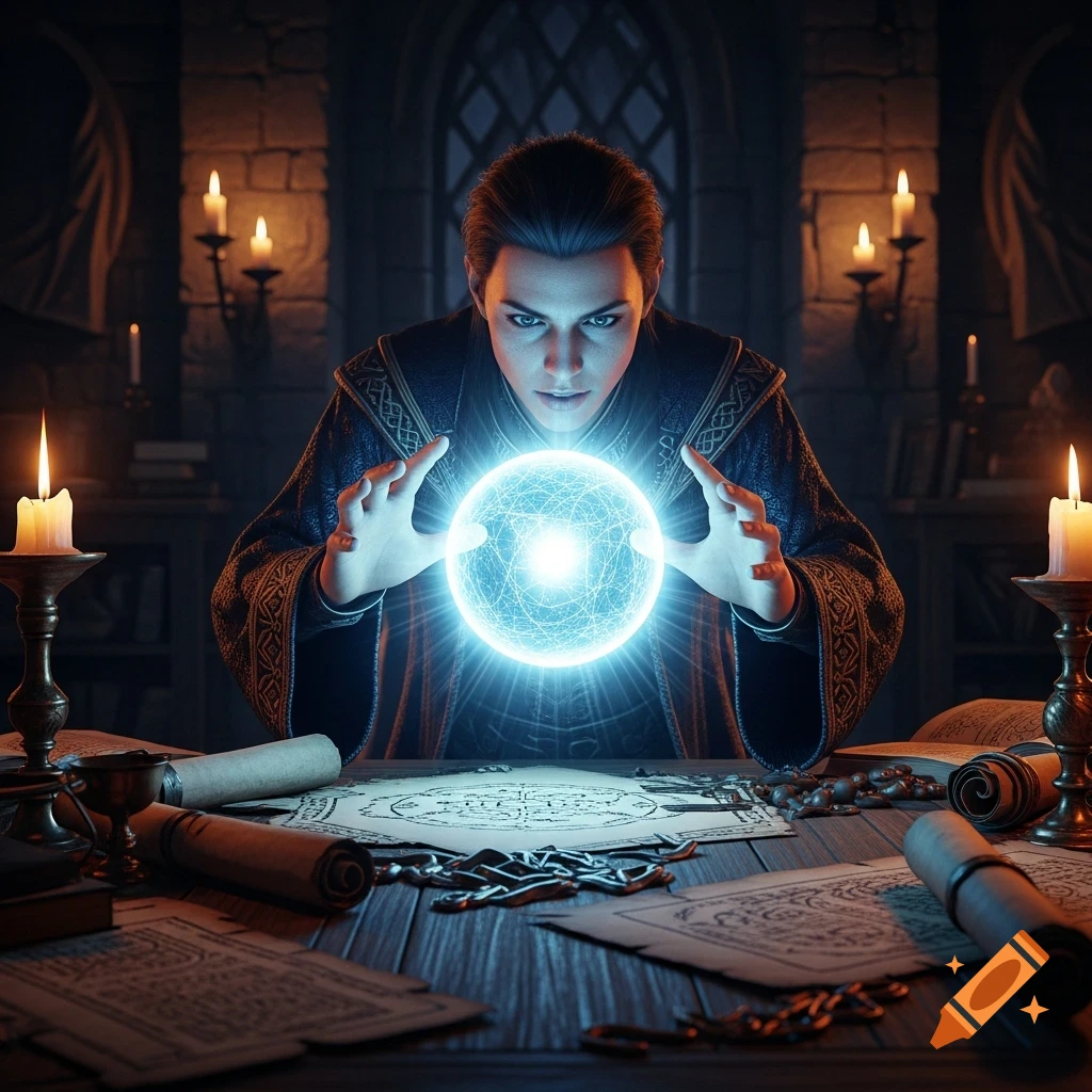 A focused wizard in a dark, candlelit room gazes into a glowing blue magic orb, surrounded by arcane scrolls and items.