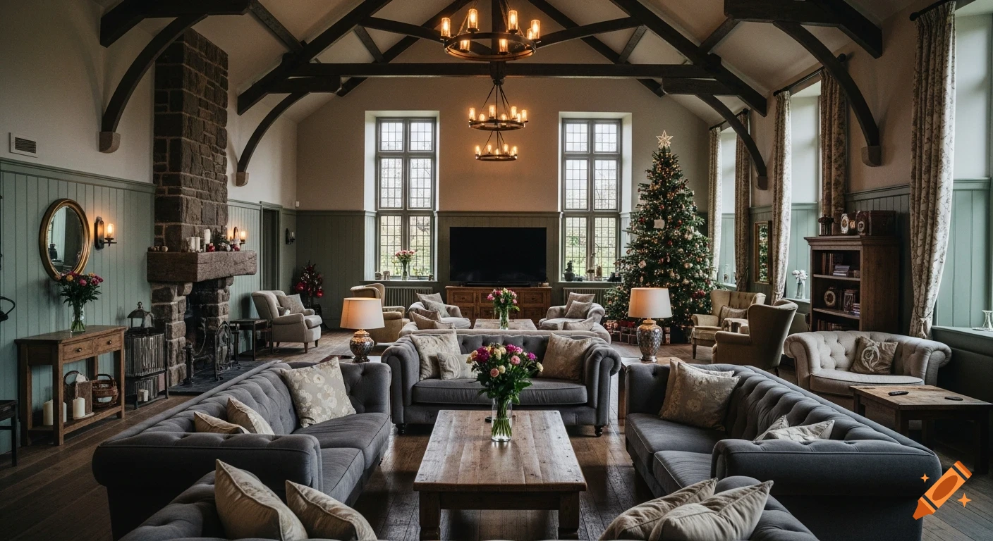 A grand, cozy living room with high vaulted ceilings, stone fireplace, multiple sofas, and a decorated Christmas tree.