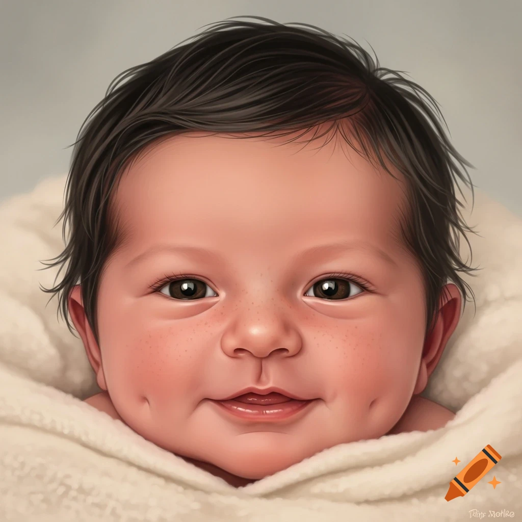 A close-up portrait of a smiling newborn baby wrapped in a blanket, with dark wavy hair, brown eyes, freckles, and dimples.