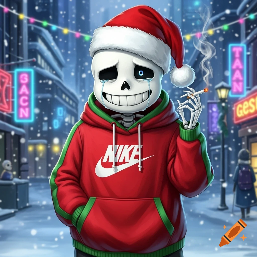 A crying Sans from Undertale in a Santa hat and red and green Nike hoodie, smoking a cigarette in a snowy city street at night with neon signs.