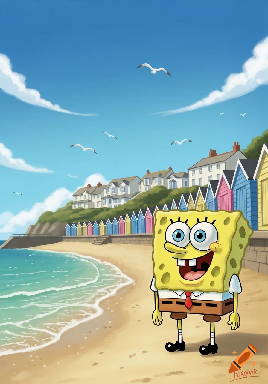 Spongebob Squarepants stands smiling on a sandy beach next to turquoise ocean waves, with colorful beach huts and houses on a hill under a clear blue sky with seagulls.