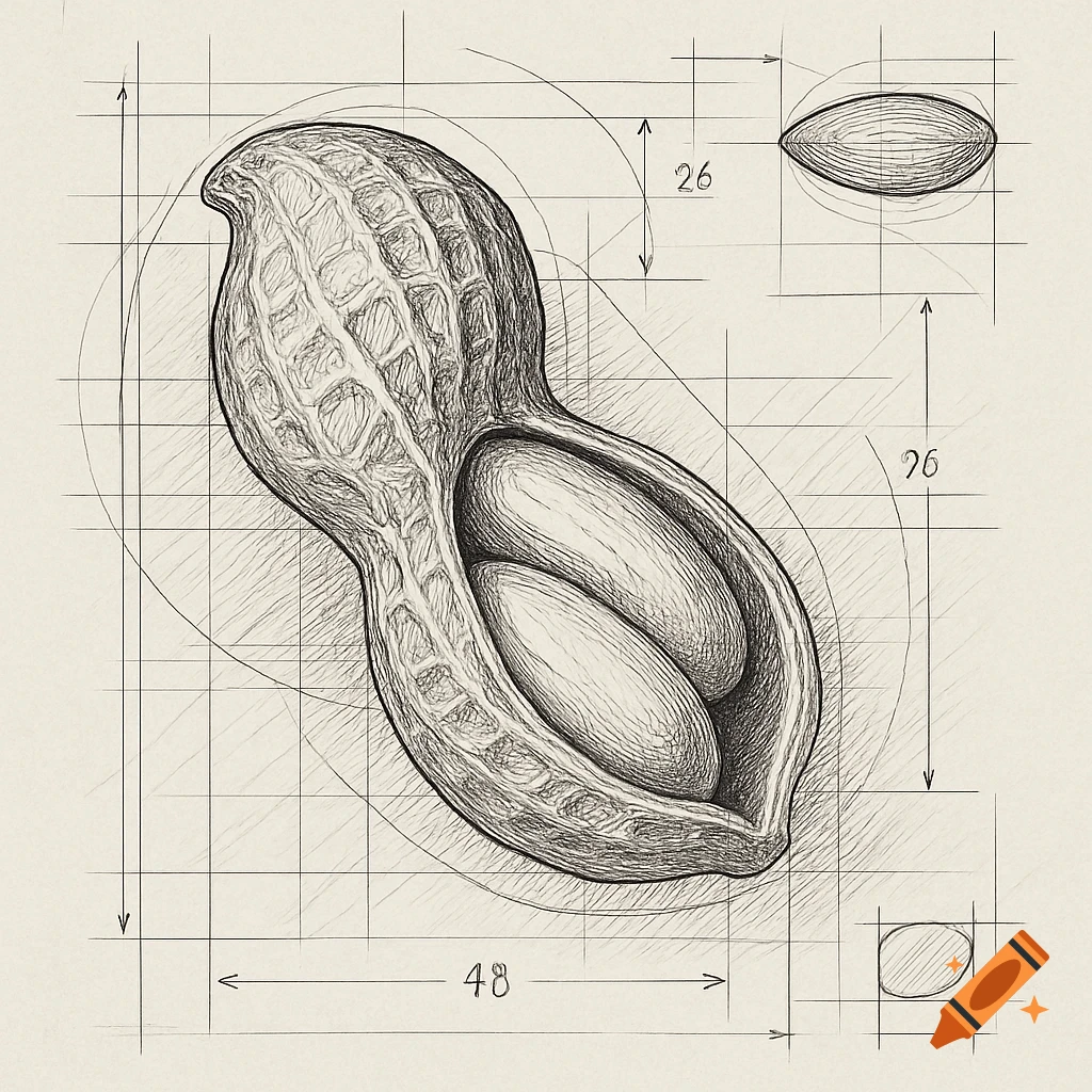Detailed pencil sketch technical drawing of a peanut, showing an open shell with two nuts, and dimension lines.