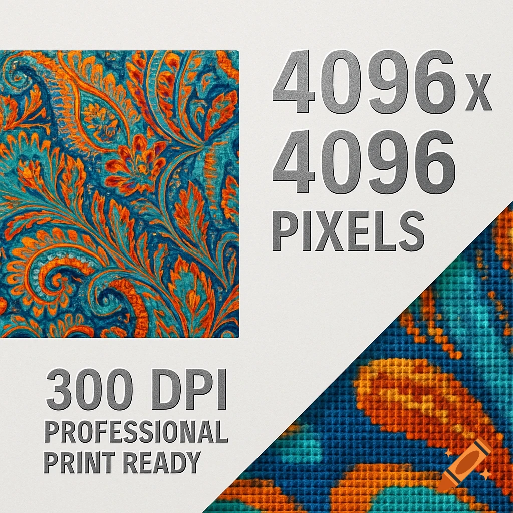Mockup displaying a teal and orange paisley pattern, with text '4096 x 4096 PIXELS' and '300 DPI PROFESSIONAL PRINT READY'. A pixelated close-up of the pattern is shown.