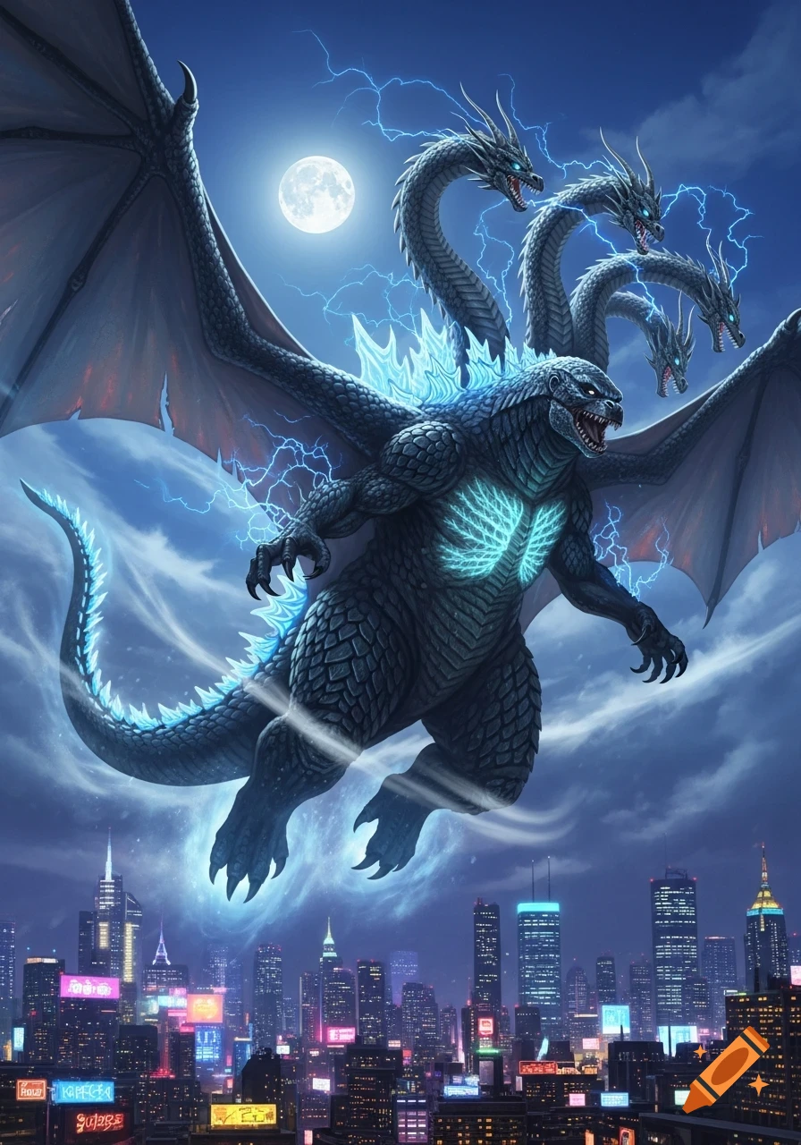 A powerful winged monster, resembling a multi-headed Godzilla, flies over a neon-lit futuristic city at night under a full moon.