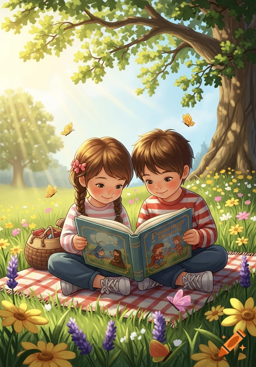Two smiling children read a book together on a picnic blanket in a sunny meadow, illustrated in a storybook style.